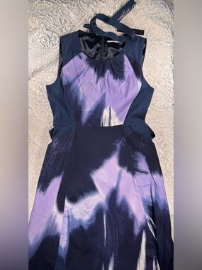 Tahari Navy and Purple Tie-Dye Fit & Flare Midi Dress